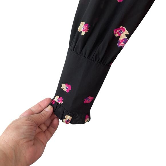 Rebecca Taylor Blouse Black Pink 6 Floriana Long Sleeve Silk Feminine Floral Top - Picture 8 of 15